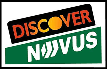 Discover Novus logo with red and green sections featuring stylized text design